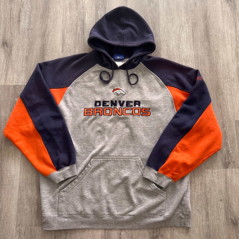 Reebok NFL Denver Broncos Hoodie Vintage Colorblock Embroidered Grey Navy Large